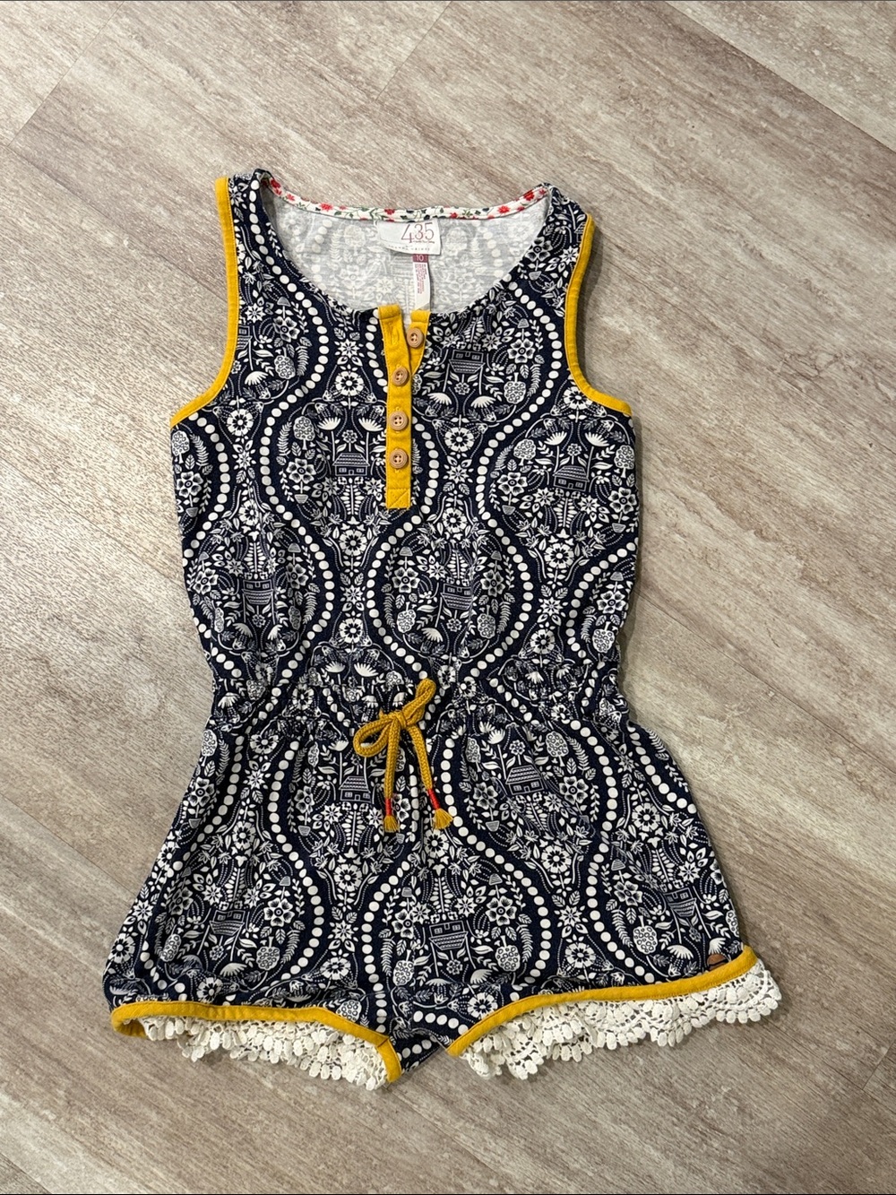 Matilda Jane 435 Romper Navy Printed Sleeveless with Mustard Trim - sz 10